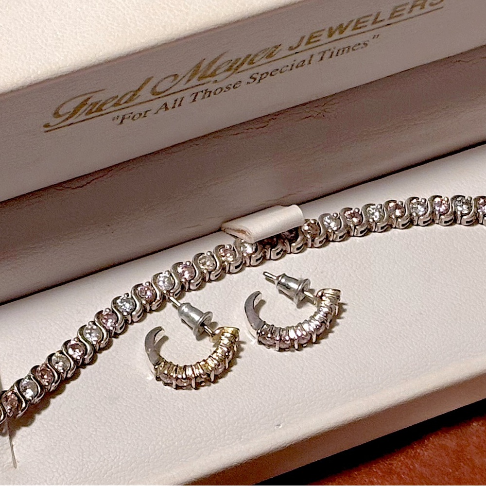 2, 925 & Pink Crystal Bracelets Great Best Friend/Sister Gift. Matching Earrings